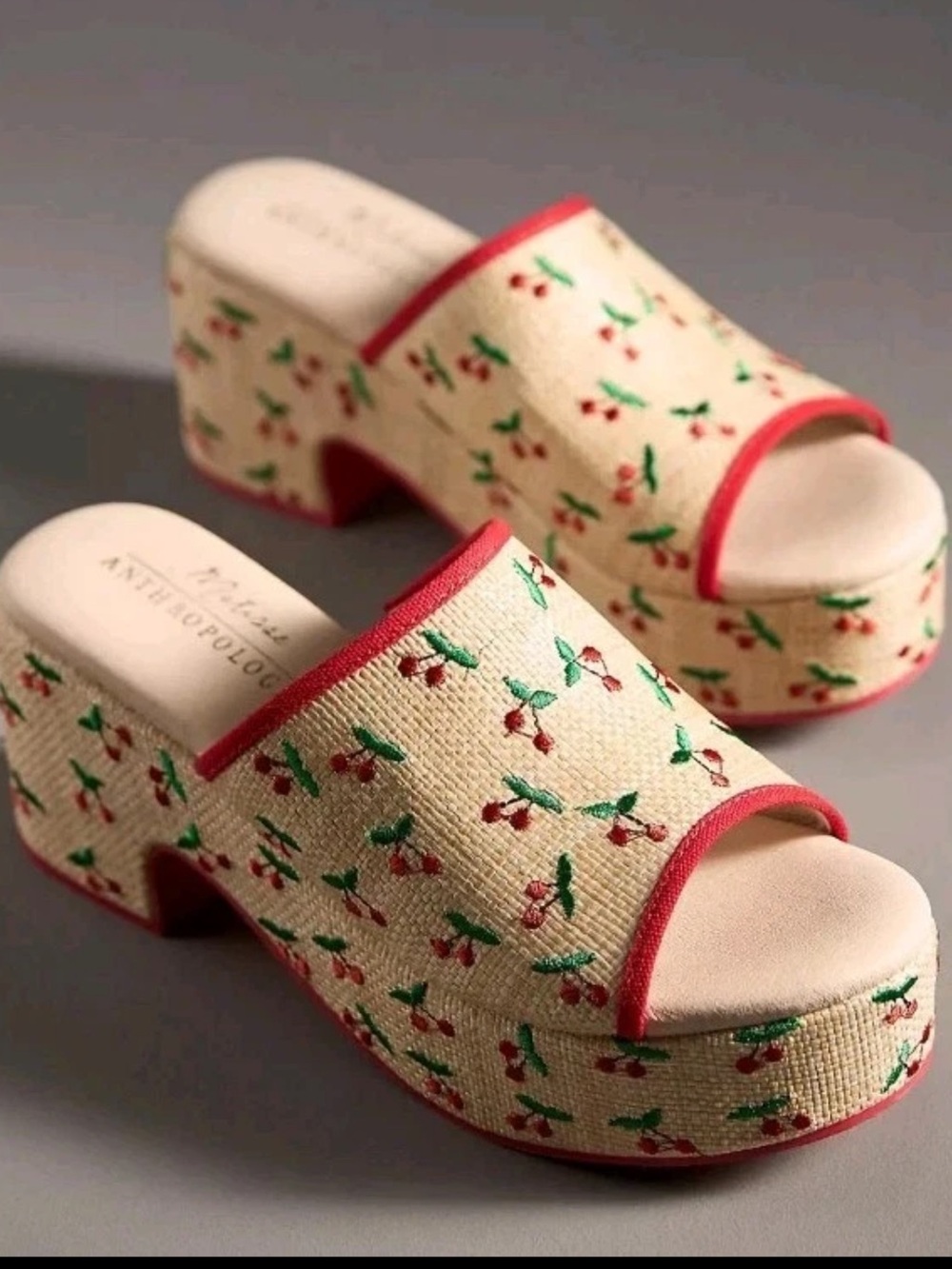 Matisse Anthropologie Embroidered Cherry Cork Platform Wedge Slide Sandals
